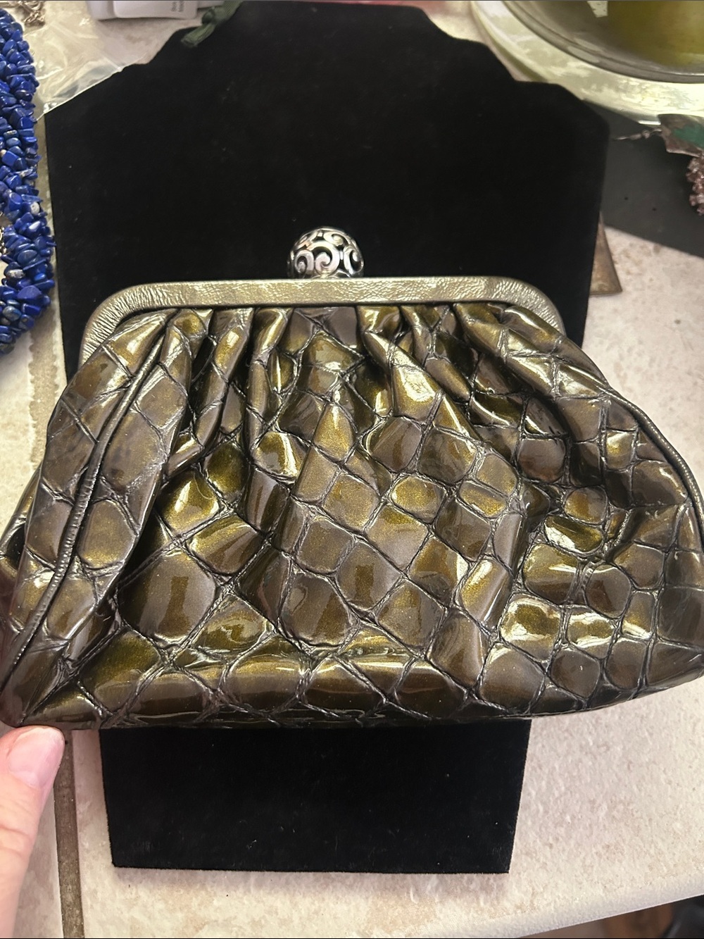 Brighton Olive Metallic Croc-Embossed Clasp Wristlet